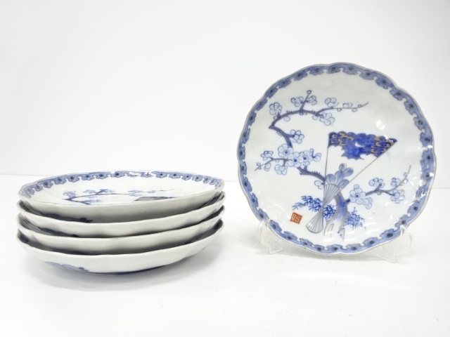 Ko-Imari, Plum tree and fan, set of 5 plates, 7